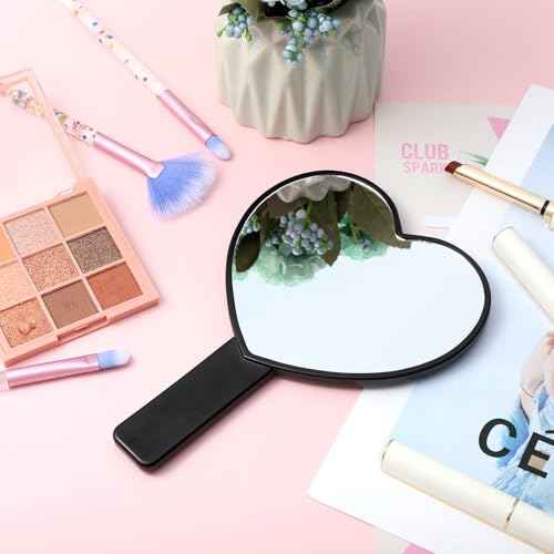 Heart-Shaped Handheld Mirror with Handle, Portable Travel Makeup Hand Mirror Decorative Mini Heart Cosmetic Lash Mirror for Women Girls (Black)