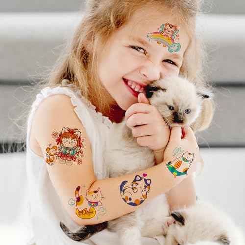 Konsait 50 Sheets Anime Tattoos, Cartoon Mixed Style Cat Tattoos, Individually Wrapped, Watercolor Cat Temporary Tattoos Cat Party Favors Cat Birthday Party Supplies