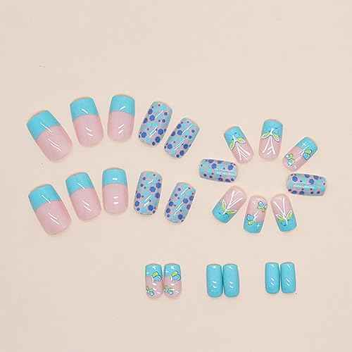 24pcs Square Press on Nails - Glossy Glue on Nails, Green French Tip Acrylic Nails with Butterfly Design False Nails for Women's Manicure