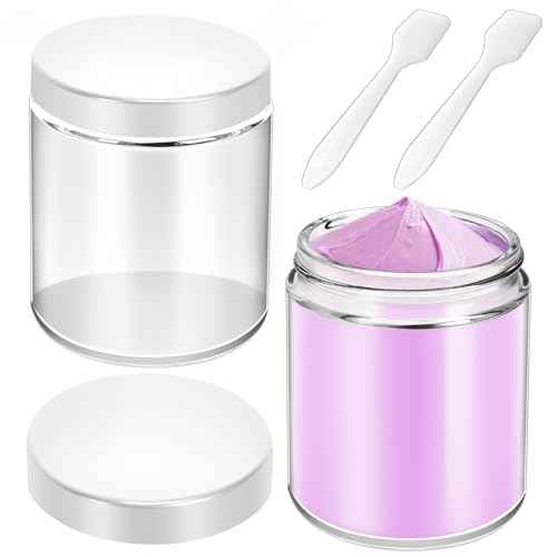 MotBach 2 Pack 8oz Glass Jars with Lids, Round Glass Jars with Spatulas, Inner Liners and White Lids, Empty Cosmetic Containers Travel Toiletries Container for Lotion, Cream, Makeup, Cosmetic, Slime
