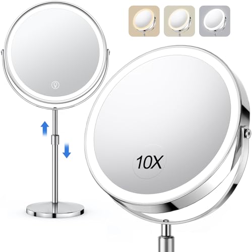 Lighted Makeup Mirror, Rechargeable Height Adjustable Double Sided, 1x/10x Magnifying with 3 Color, Brightness Adjustable, 360¡Æ Rotation Vanity, Gift for Women