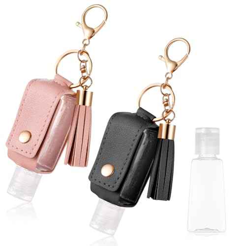 2Pcs Portable Leather Hand Sanitizer Holder, Travel Size Keychain Case Refillable Bottle for Toiletry Lotion Liquid Soap Shampoo (Black, Pink)