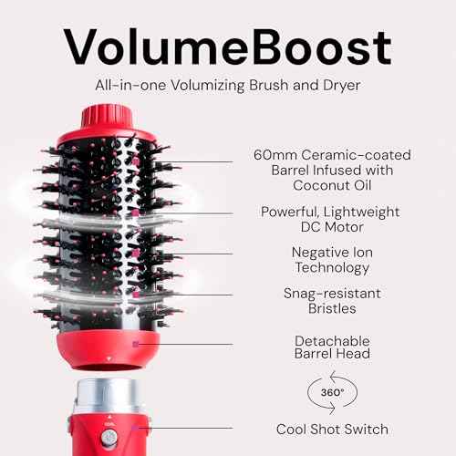 L'ANGE HAIR VolumeBoost 60mm 2-in-1 Ceramic Volumizing Brush Dryer | Fast Drying & Styling for Frizz-Free, Voluminous Blowouts | Ceramic-Coated Barrel (Red)