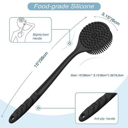 Manmihealth Silicone Back Scrubber (Thick Bristles) & Bath Glove & Face Brush Set(3PCS), Super-Exfoliating & Lathering Body Scrubber, Shower Brush, Face Scrubber Combination, with a Free Hook.(Black)