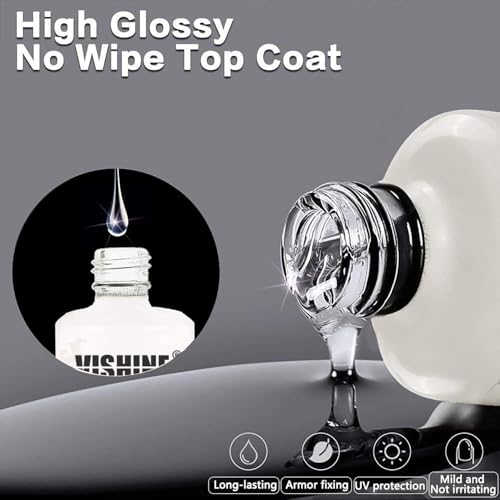 Vishine 15ml No Wipe Top Coat Base Coat Soak off UV LED Drying Long Lasting Shiny Nail Varnish Set