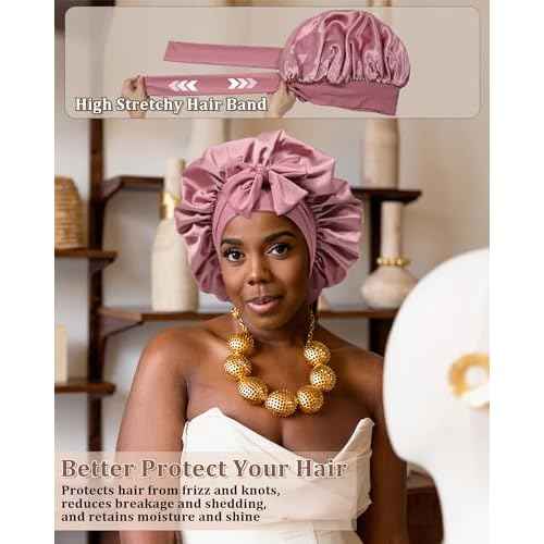 Reversible Satin Bonnet for Sleeping Women Double Layer Hair Bonnet with 2PCS Hair Scrunchies Elastic Tie Band Night Cap