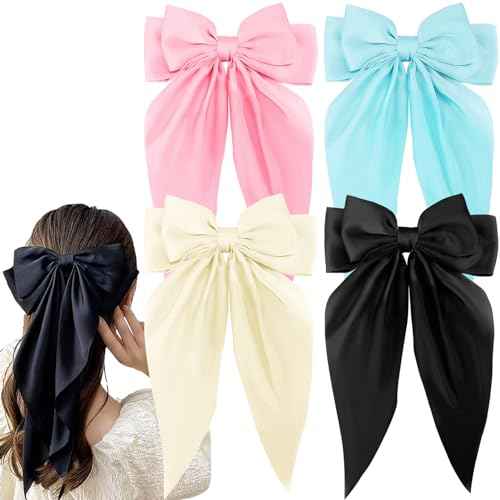 Zkptops 4Pcs Hair Bow Clips for Women Girls Silky Satin Bow Hair Clips Hair Ribbon with Long Tail Cute Oversized Hair Clips Soft Large Big Hair Barrettes Hair Accessories (Black Beige Blue Pink)