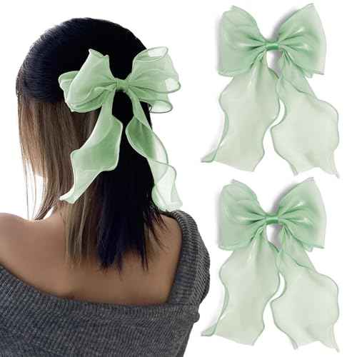 2Pcs Large Emerald Green Silk Hair Bows for Women Long Tail French Barrettes Wedding, Christmas Hair Clips for Thick Hair