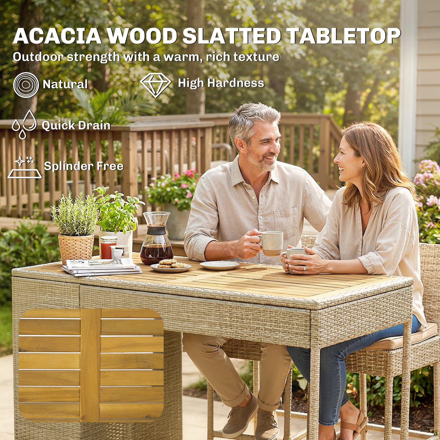 Outdoor Bar Set with Acacia Wood Table & 4 Chairs - Brown