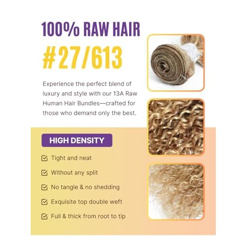 13A 27/613 Human Hair Bundles Water Wave 24 Inch, Soft and Silky Highlight Blonde Single Curly Bundle Wet n Wavy 100% Raw Hair Ombre Highlight Honey Blonde Sew In Weave #F27/613 Colored Weft