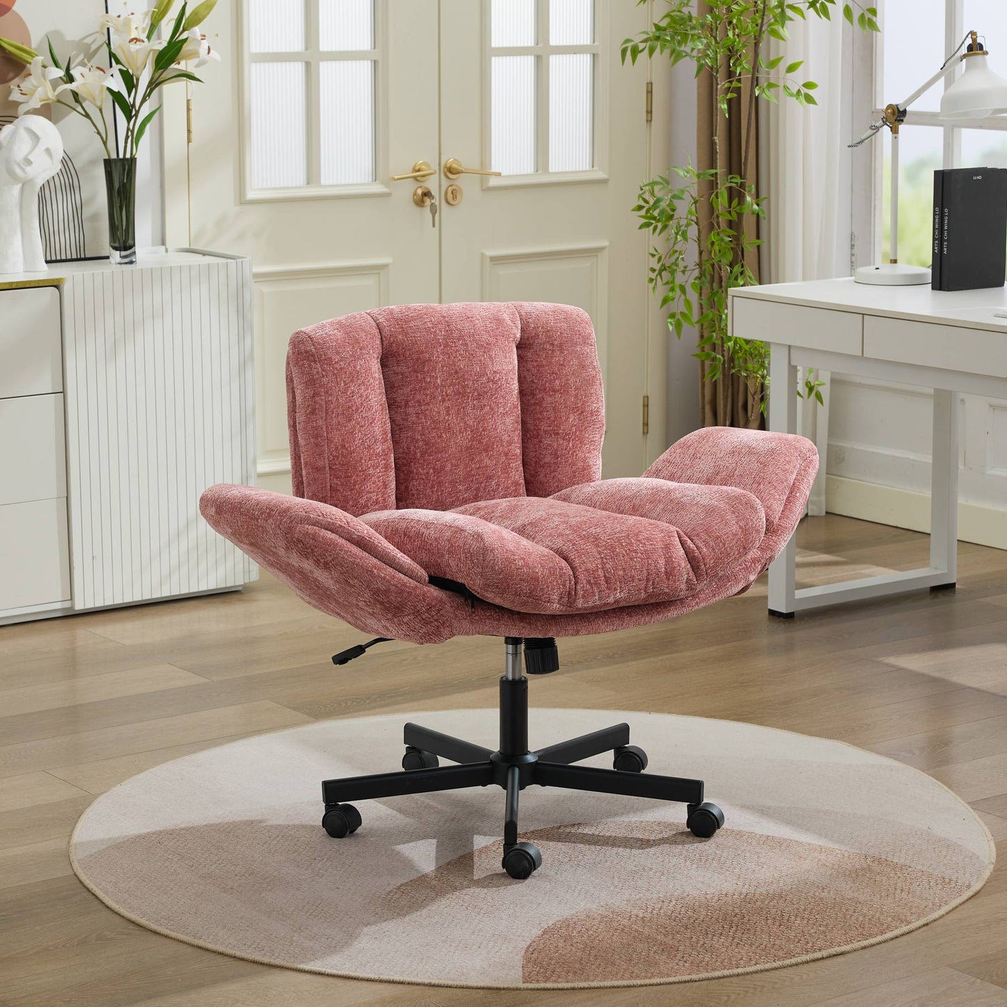 Chenille Swivel Office Chair - Adjustable Height & Armrests, Blush Pink