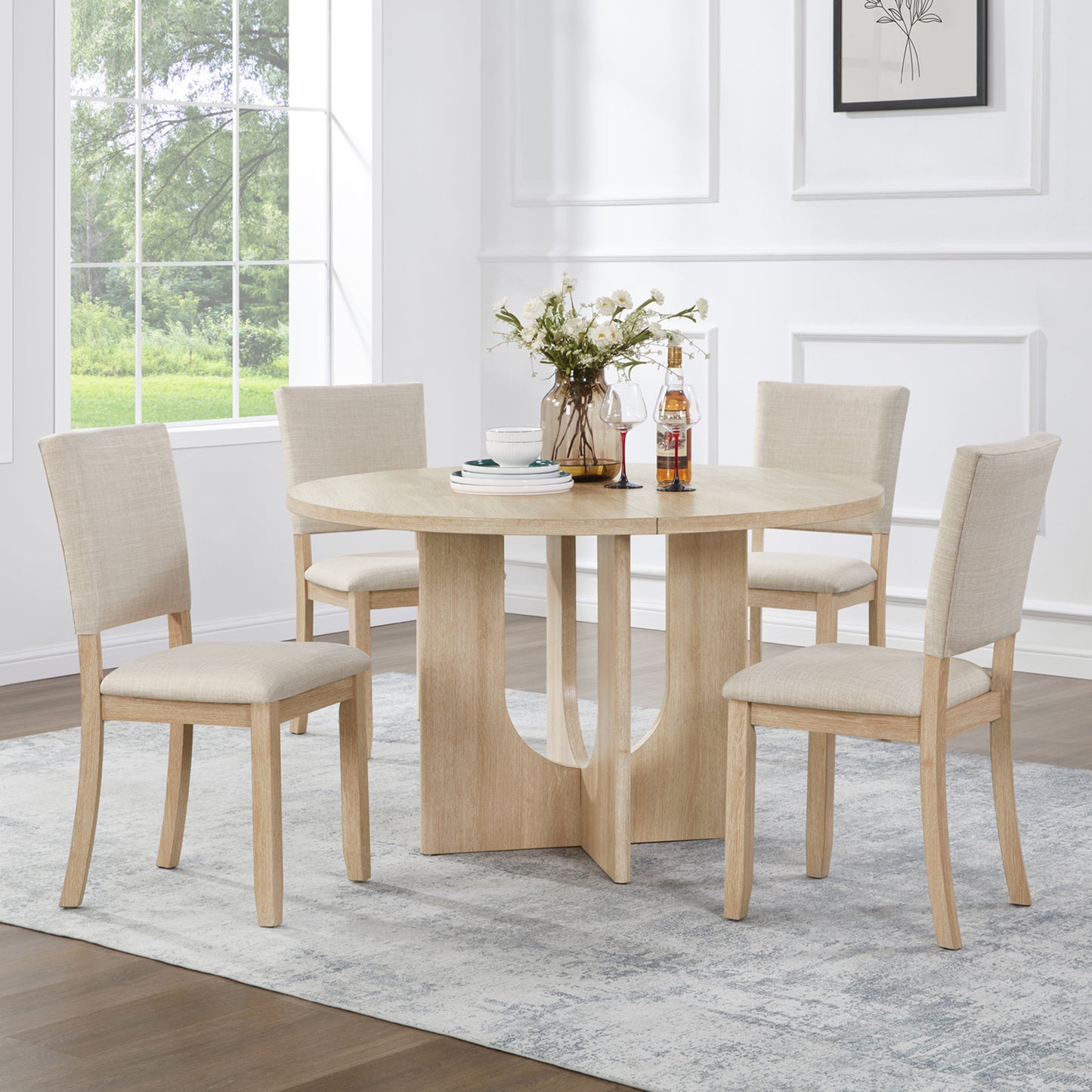 47.3" Round Dining Set with 4 Upholstered Chairs - Light Oak & Beige