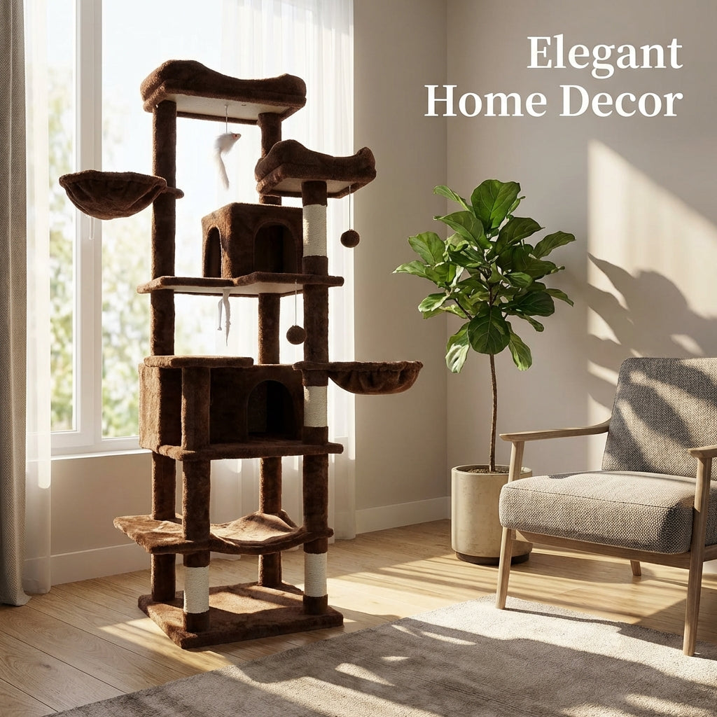 Tall Multi-Level Cat Tree with Hammocks & Scratching Posts - Brown 68in