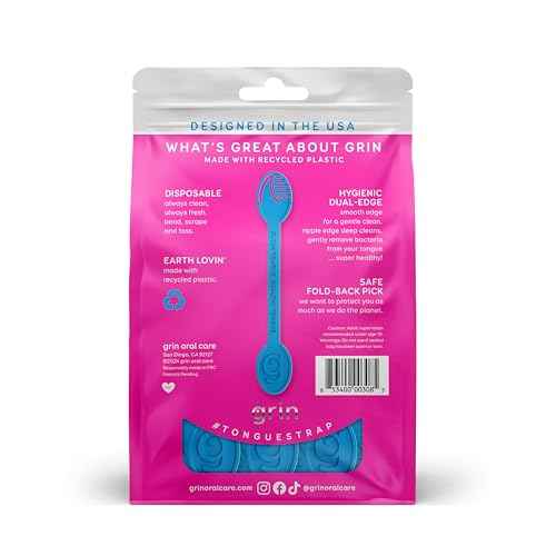GRIN Tongue Cleaner Strap, 48 Count, Disposable Tongue Cleaner, Hygienic Dual Edge Scraper, Recycled Plastic, Clean Tongue, Healthy Tongue, Promote Fresh Breath, Includes Safe Fold- Back Tooth Pick