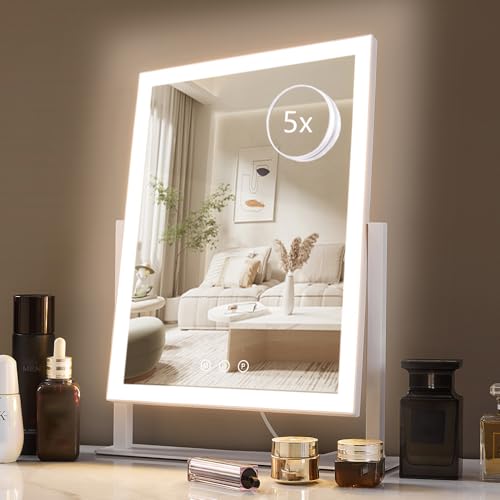 HIEEY Lighted Makeup Mirror, Hollywood Vanity Mirror with Lights, Three Color Lighting Modes, and 5X Magnification Mirror, Smart Touch Control, 360¡ÆRotation (17.3in,White,Gift Box)