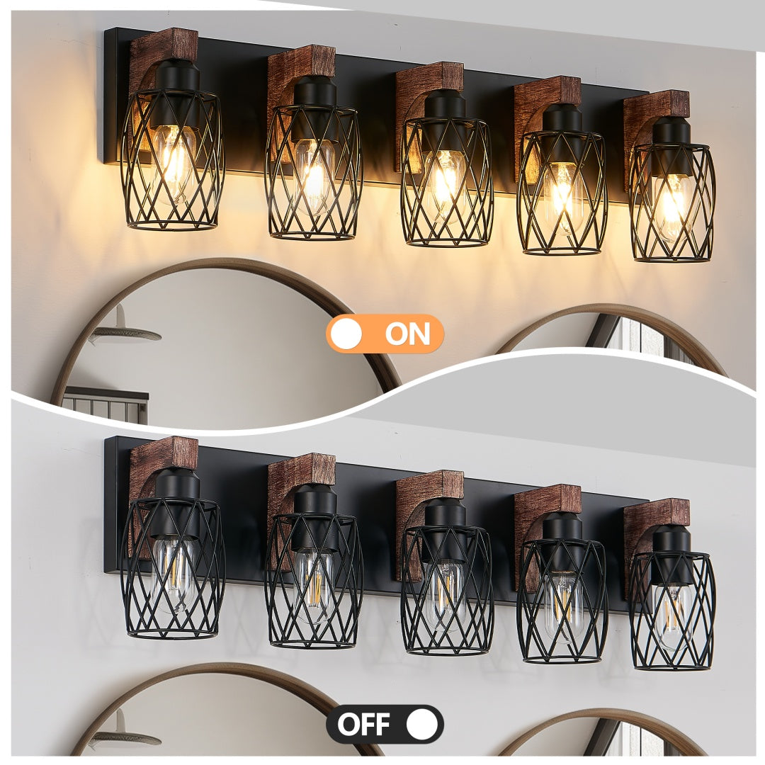 Vintage Industrial 5-Light Wall Sconce - Black Metal Cage & Wood