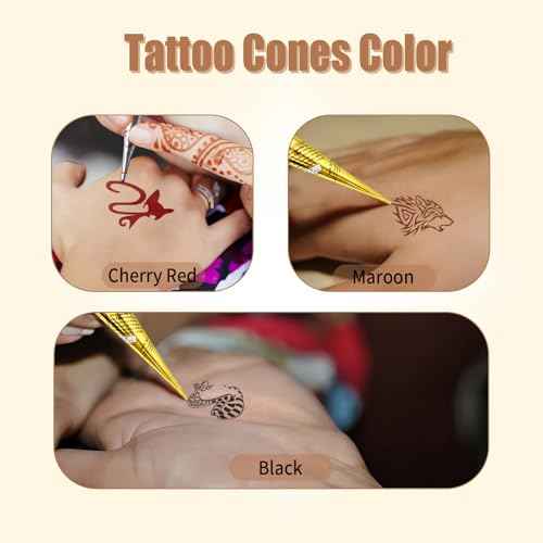 136 Pcs Temporary Tattoo Stencils Kit, 3 Pcs Tattoo Cones 3 Color (Black/Maroon/Cherry Red/) Reusable Templates and Cotton Swabs, DIY Body Art Skin Painting Designs for Women Men Adults Kids Gifts