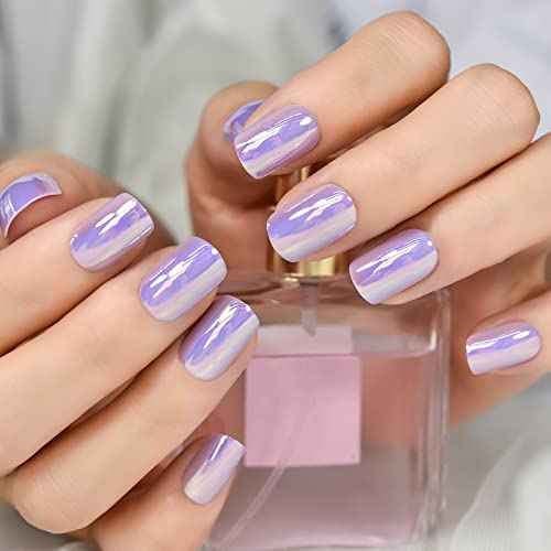 Press On Nails Glossy Short Squoval Stick On Fake Nails Salon DIY Acrylic Manicure Reusable Magic Pink Purple Chrome False Acrylic Nail Art Tips