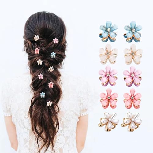 10 Pcs Mini Cute Flower-Shaped Hair Clips for Girls, Multicolor Crystal Hair Barrettes for Long Braid Hairstyles, Pearl Hairpin for Women Hair Accessories (10 Pcs- Mix Color)