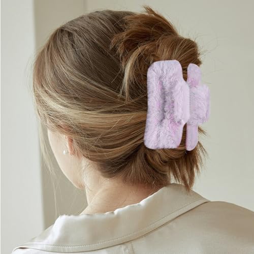 4 PACK Large Hair Claw Clips, Faux Fur Plush Hair Catch Barrette Jaw Clamp, Cute Square Furry Claw Clips for Thick Curly Hair Catch Accesories for Women and Girls