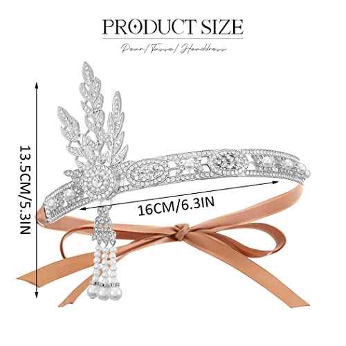 GORTIN 1920's Flapper Headband Inspired Leaf Headpiece Rhiestones Pearl Headdress Cocktail Party Bride Wedding Flapper Hair Accessories for Women and Girls (Silver)