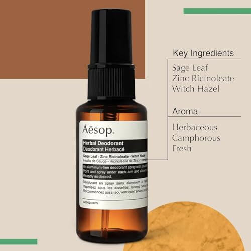 Aesop Herbal Deodorant Spray | Aluminum Free | Deodorant Reduces + Masks Underarm Odor | Sage Leaf, Zinc Ricinoleate, Witch Hazel | 1.7 oz / 50mL (Pack of 2)