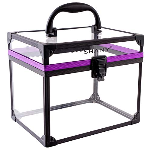 SHANY Clear Cosmetics and Toiletry Train Case - Clear Travel Makeup Bag Case Organizer with Secure Closure and Black/Purple Accents - Extra Large