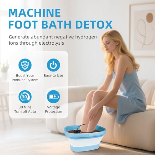 Ionic Foot Bath Detox Machine, Ionic Foot Spa to Remove Toxins with 2 Arrays, 80 Disposable Foot Bath Liners, Detoxification Sea Salt, Folding Bathtub, Gift for Women & Men
