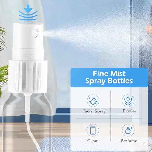 Spray Bottles, 2oz/50ml Clear Empty Fine Mist Plastic Mini Travel Bottle Set, Small Refillable Liquid Containers with 2pcs Funnels and 24pcs Labels (6 Pack)
