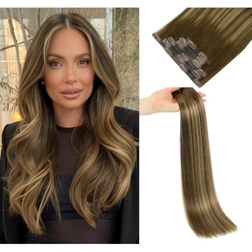 LOVELINE Seamless Clip in Hair Extensions Real Human Hair, Luxury Remy Human Hair Extensions Clip ins for Women, 18 Inch 110g 7Pcs, Balayage Chocolate Brown to Caramel Blonde