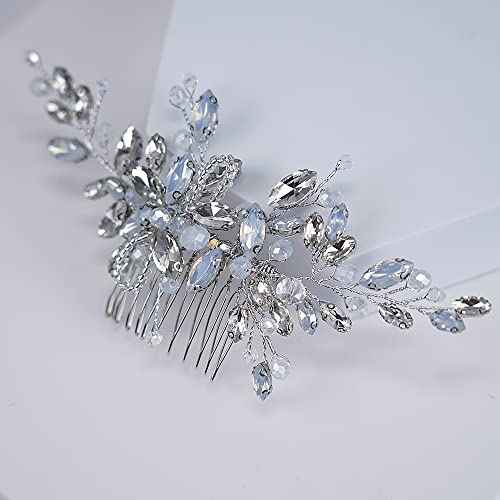 Teyglen Dainty Crystal Bridal Wedding Hair Comb Sparkly Silver Opal Rhinestone Hair Pieces Hair Accessories Bridal Side Comb Headpieces for Women Bride Girls