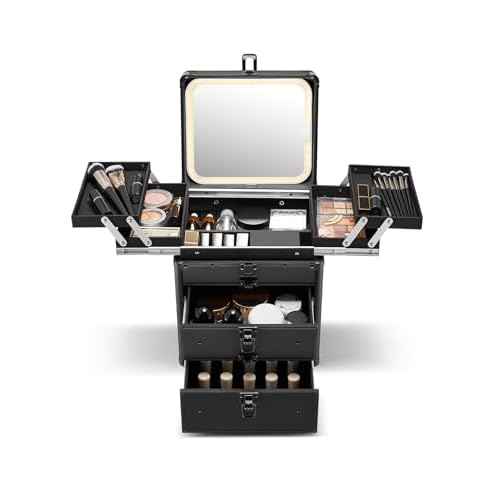 Qislee Makeup Box with Double Drawers and Four Trays, A Detachable Lighted Mirror, Waterproof Travel Train Case, Cosmetic Organizer and Makeup Suitcase with Magnetic LED Mirror(Black)