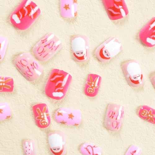 Christmas Press on Nails Short Square Fake Nails, Pink Press on Nails Winter Xmas Santa Claus with Design Christmas Glue on Nails Full Cover Stick on Nails for Women Christmas Manicure Tips 24Pcs