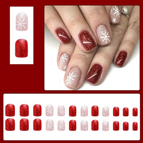 24 Pcs Christmas Press On Nails Short Square -ZIFANHU Red Glitter Fake Nails Press Ons Nail Tips Glue on Nails Christmas Snowflake Design Full Cover Acrylic False Nails Stick on Nails for Women