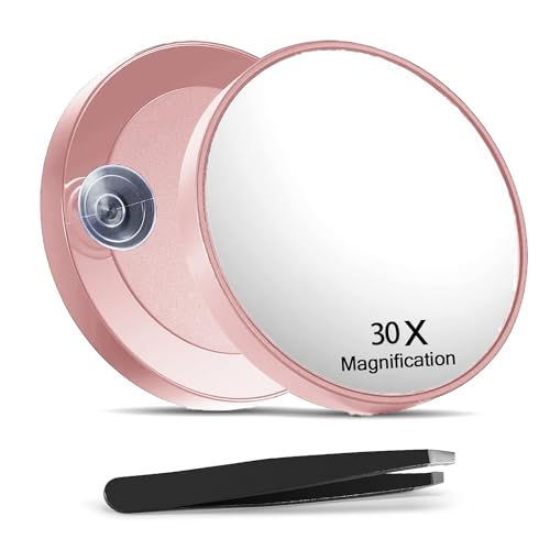Magnifying Makeup Mirror Suction Cup 30X 20X, 3.5 inches Magnified Small Pocket Mirror and Slant Tweezers,Small Portable Travel Makeup Mirror with Magnification