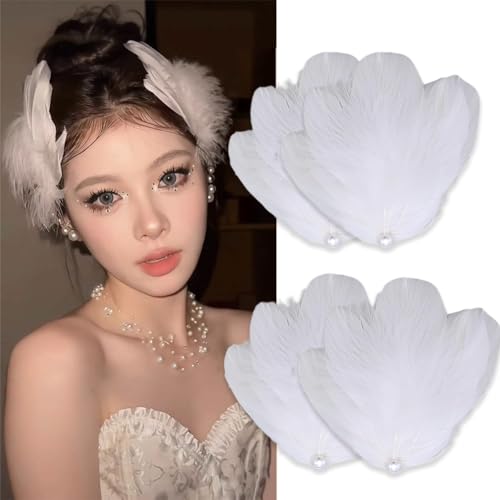 4 Pack White Feather Hair Clip Ballet Style Pearl Ostrich Swan Feather Hair Pins Accessories for Women Girls Swan Lake Cosplay Show Dancing Party Bride Wedding Birthday Christmas Stage Performance
