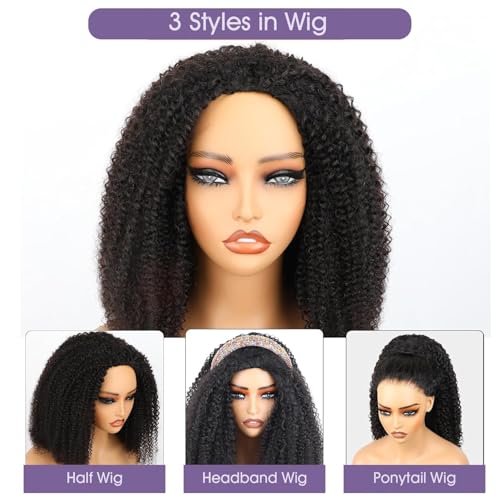 Alididi Kinky Curly Half Wig Human Hair 200 Density 3 In 1 Half Wigs Drawstring Seamless Flip Over Curly Wig Wear and Go Glueless Wigs Human Hair Beginner Friendly 16 Inch