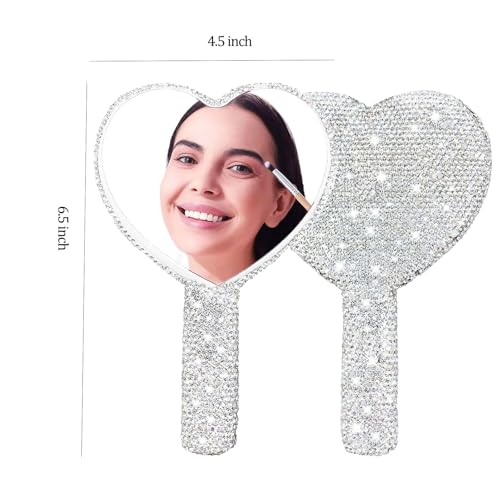 Large Rhinestone Handheld Mirror Heart Bling Glitter Cosmetic Dazzling Portable Hand Mirrors with Handle for Women Wedding Silver White