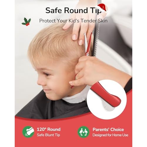 ULG Kids Hair Cutting Scissors Set - Safe Round Tip Shears for Toddlers, Adults & Pets, Professional Japanese Stainless Steel, 30-Tooth Thinning & Razor Edge Barber Kit with Comb & Case, Christmas Red