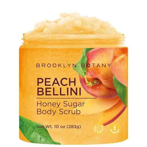 Brooklyn Botany Peach Bellini Honey Sugar Scrub for Body 10 oz ? Deeply Hydrating and Gently Exfoliating Body Scrub for Women and Men ? Moisturizing and Nourishing the Skin