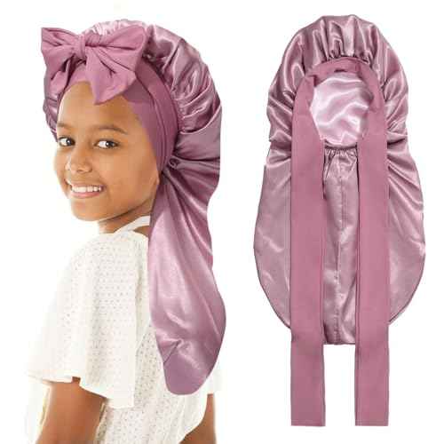 Kids Long Hair Bonnet for Sleeping - Double Layer Girls Elastic Satin Bonnet with Tie Band for Braid Curly Hair (Rose Gold+Pink)