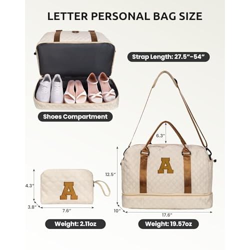 Girls/Kids Initial Duffle Bag with Shoe Compartment, Kids Personalized Travel Bags with Makeup Bag for Women with Trolley Sleeve & Wet Pocket, Gifts for Teenage Girl(Letter E)