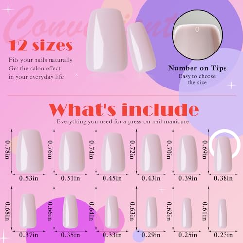 AddFavor 300pcs Coffin Press on Nails Medium Fake Nails Glossy Light Pink Nails Ballerina Square Nail Press on Acrylic False Nail for Women Girls