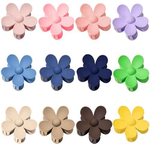 Flower Hair Clips 12Pcs Hair Claw Clips Cute Claw Clips for Women Girls Matte Jaw Clip for Thick/Medium Hair Big Daisy Hair Clips for Thin Hair Fashion 12 Colorful Hair Accessories Gifts