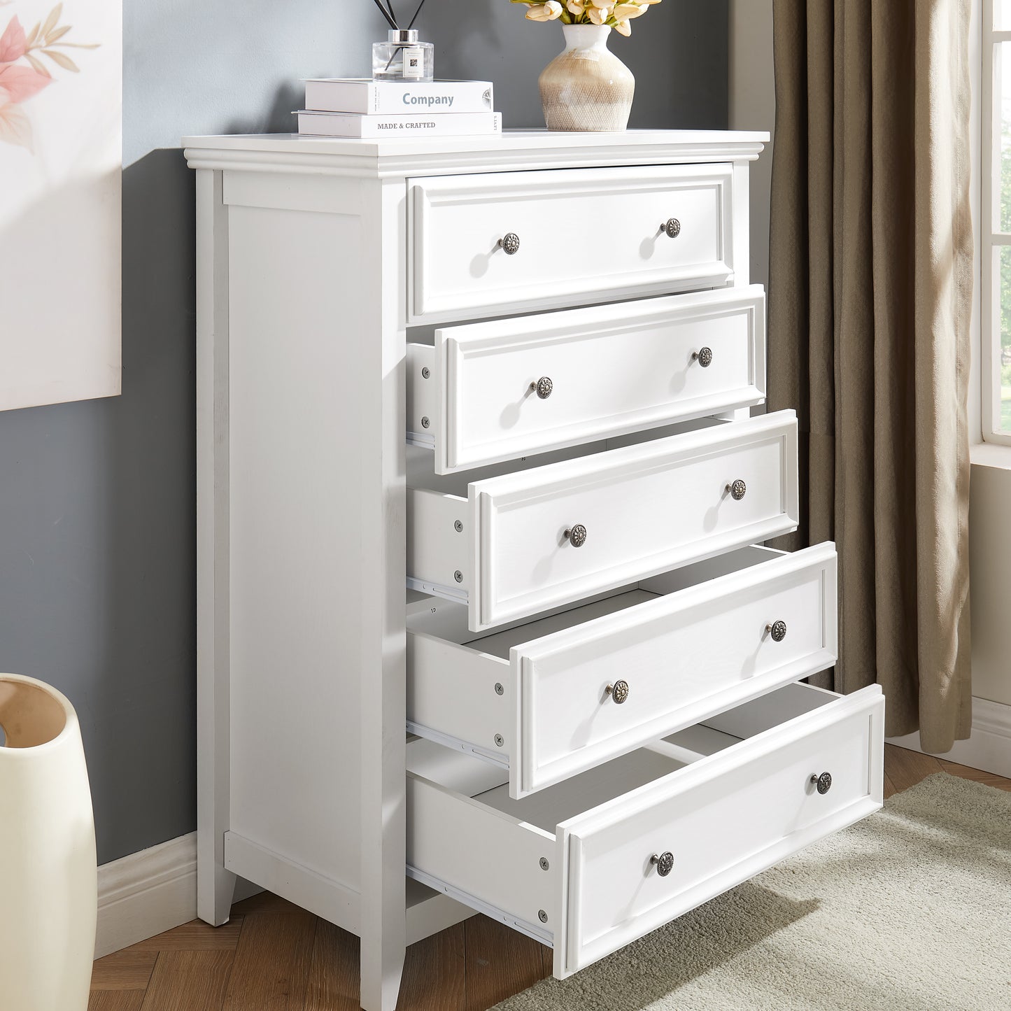 Modern 5-Drawer Dresser - White Chest of Drawers for Storage