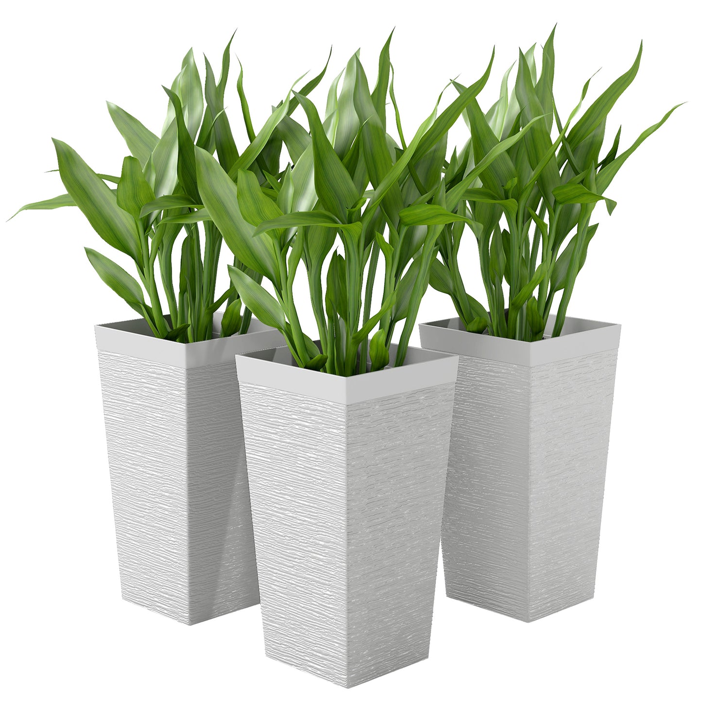 Set of 3 Outdoor Planting Pots with Wheels and Stone Finish - White, 22.8 Inch Tall
