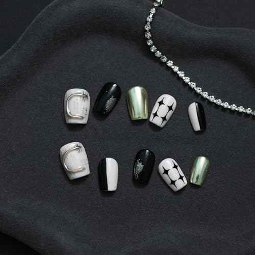 Trendy Press On Nails Black White Gold - 3D Short Square Nails Metallic Glitter Glossy Reusable Gel Press on Acrylic Fake Nail for Daily Nail Art (Starry Glow,M)