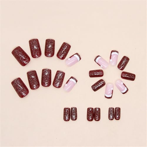 Press on Nails Short Square Christmas Fake Nails Tips Glossy Nails Red False Nails with Glue on Nails Stick on nails for Women and Girls