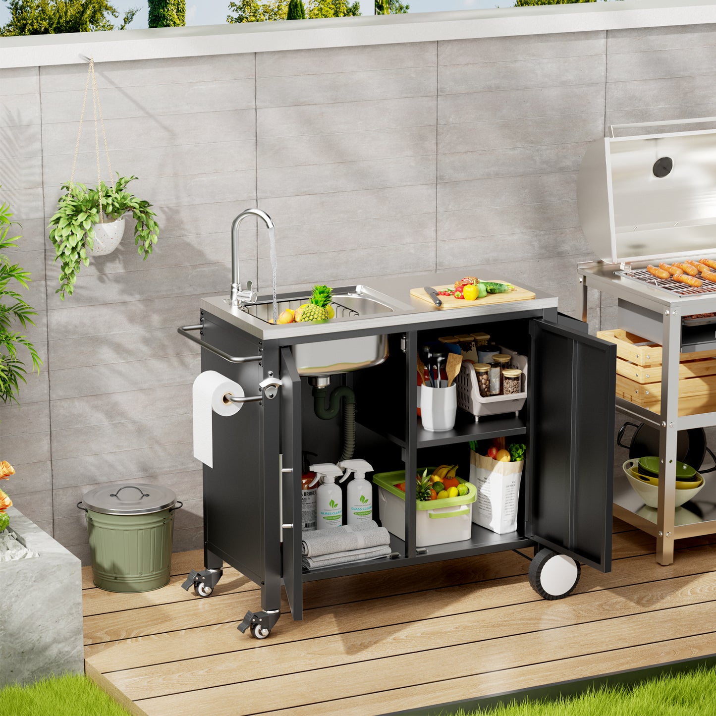 Outdoor Grill Cart with Sink - Stainless Steel Kitchen Station on Wheels