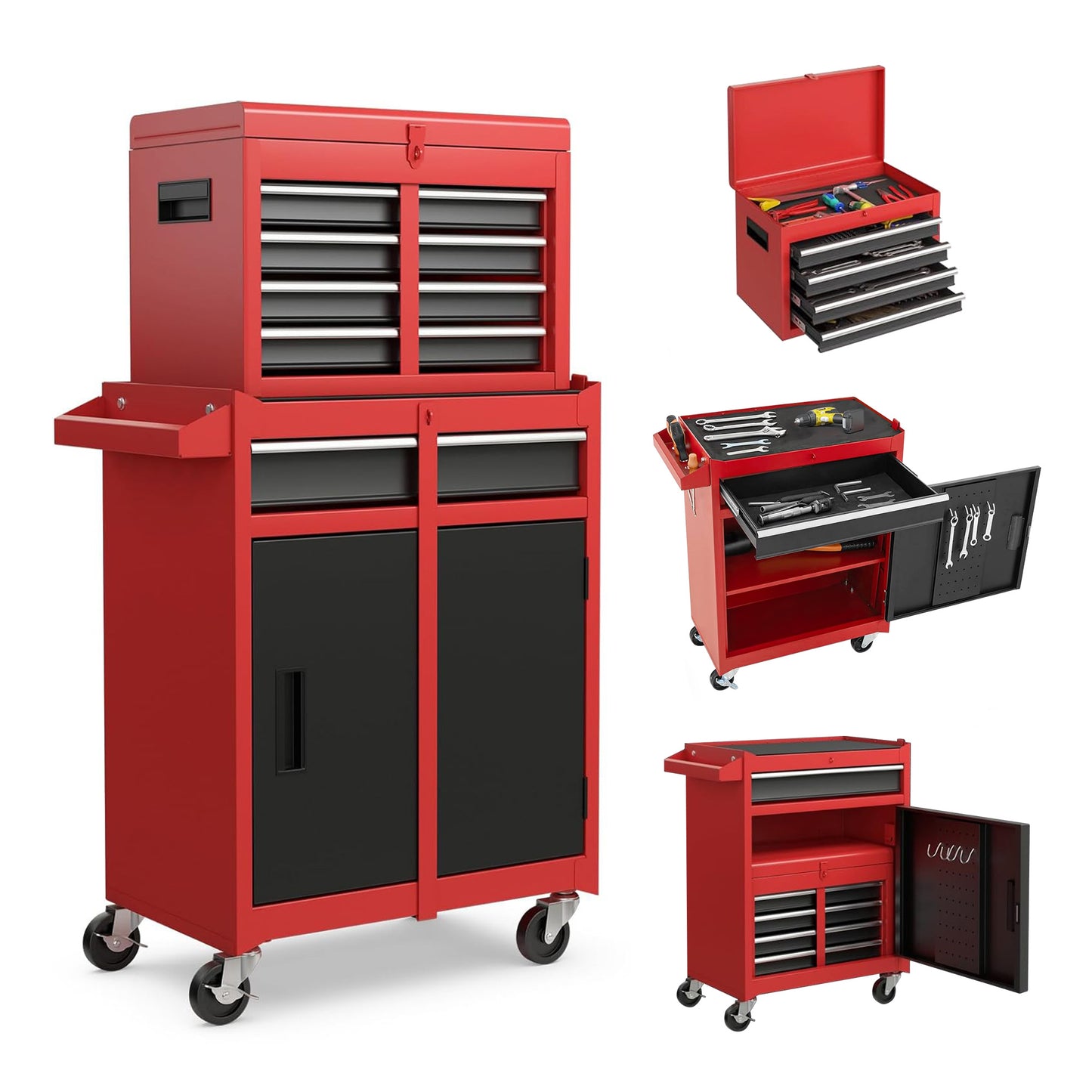 Heavy Duty Metal Tool Storage Cabinet with Lockable Wheels and Detachable Toolbox
